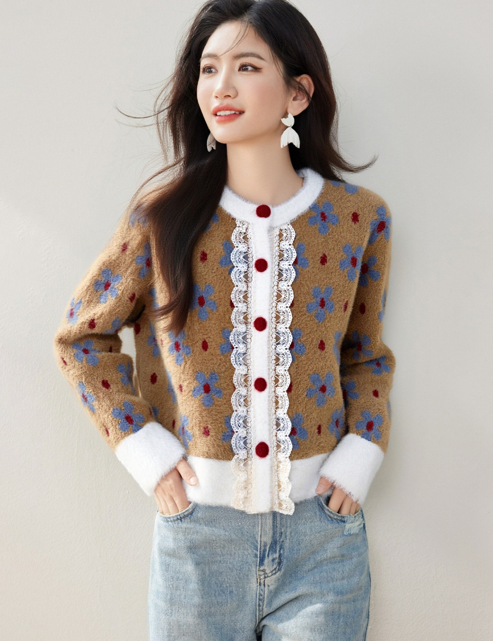 France style loose lace sweater niche splice coat