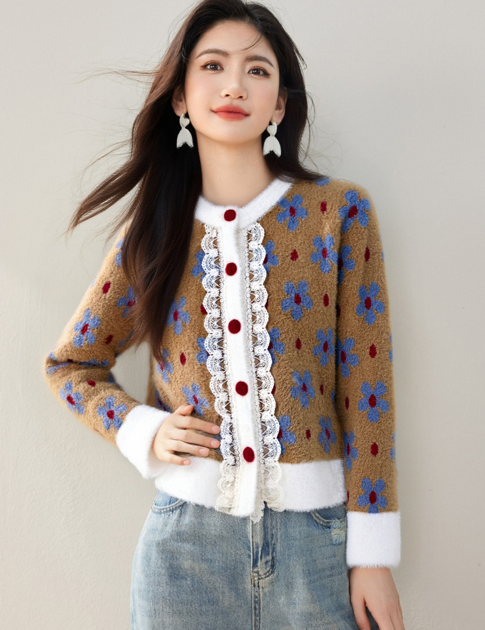 France style loose lace sweater niche splice coat