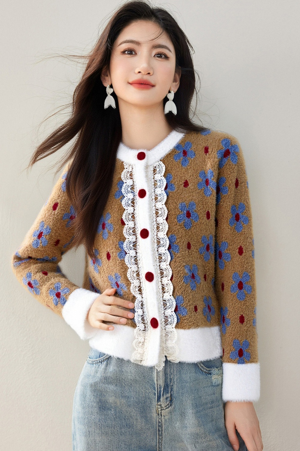 France style loose lace sweater niche splice coat