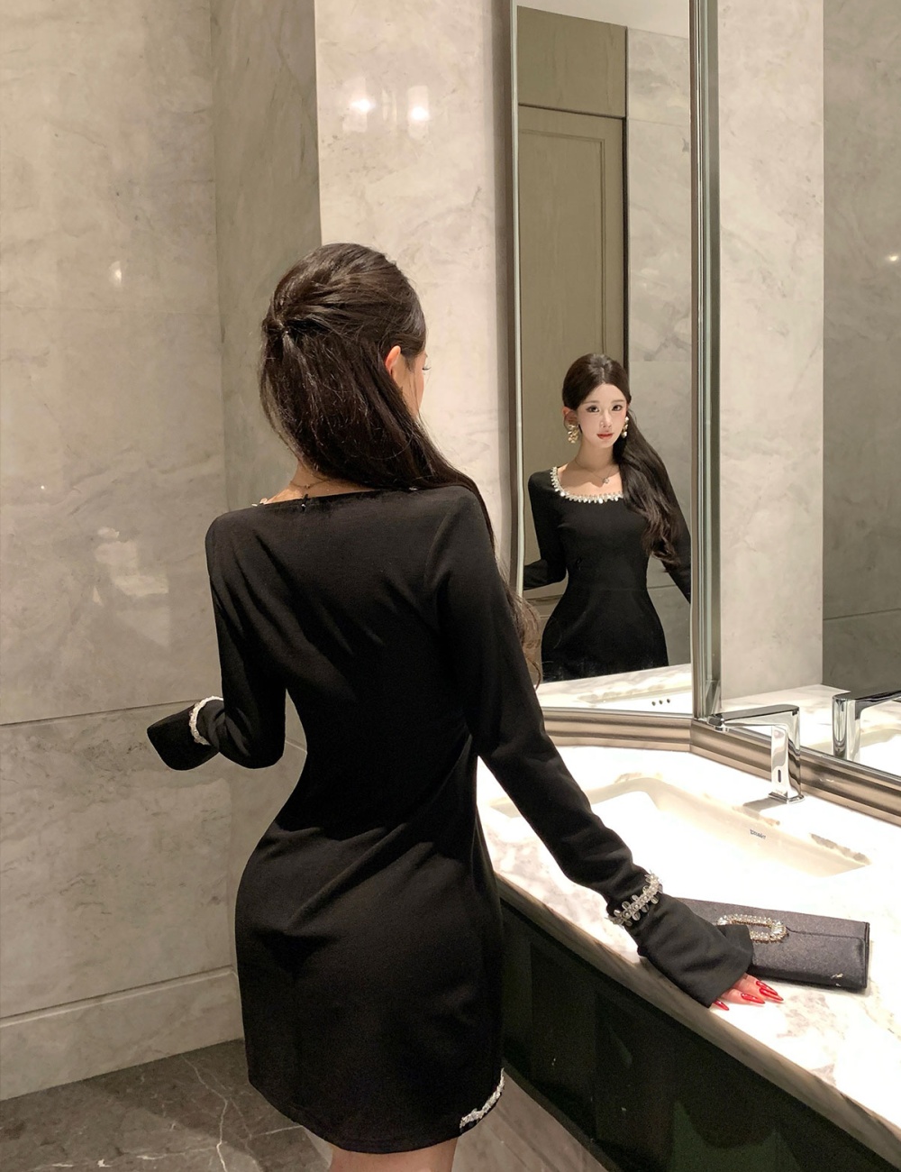 Long sleeve autumn and winter pinched waist dress