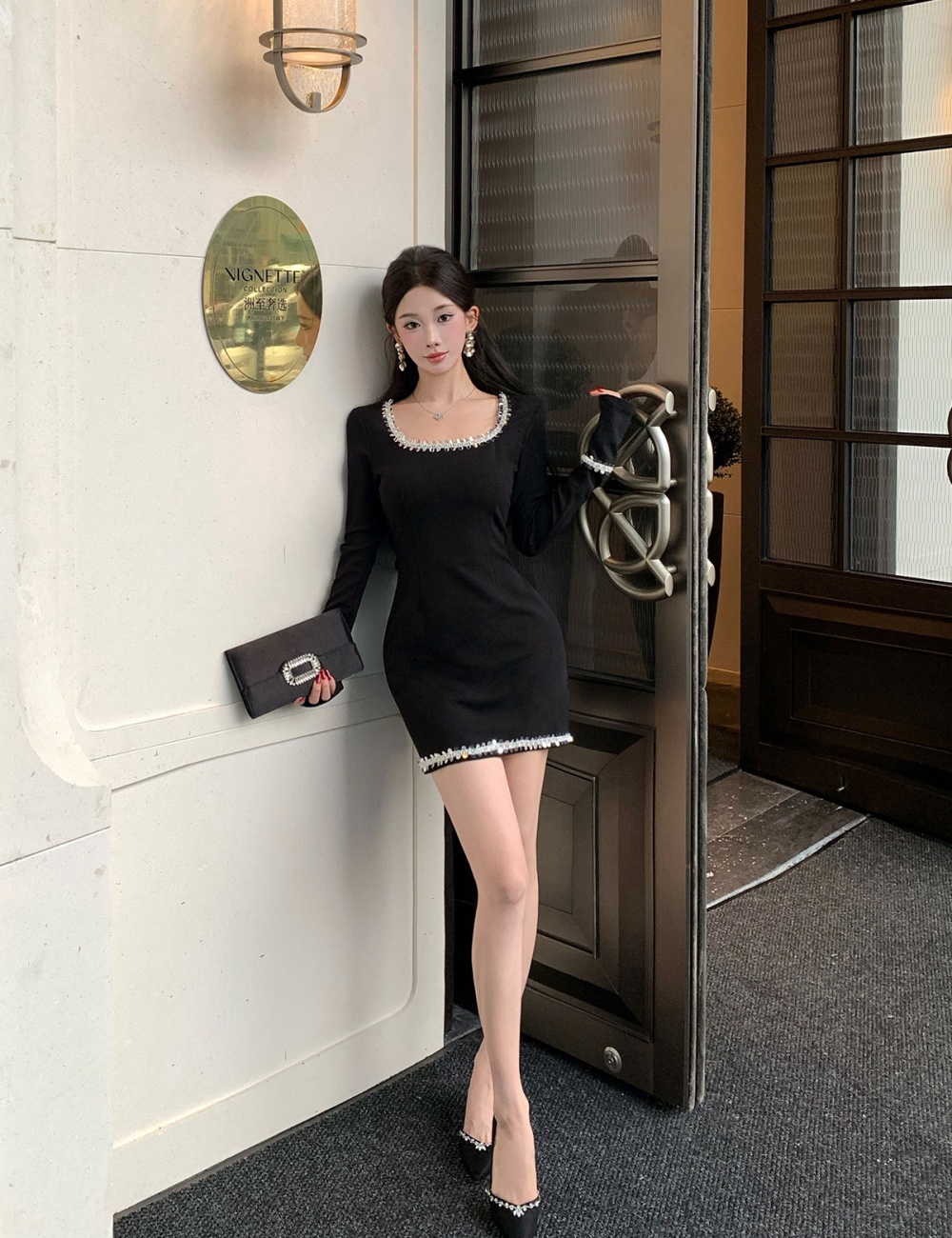 Long sleeve autumn and winter pinched waist dress