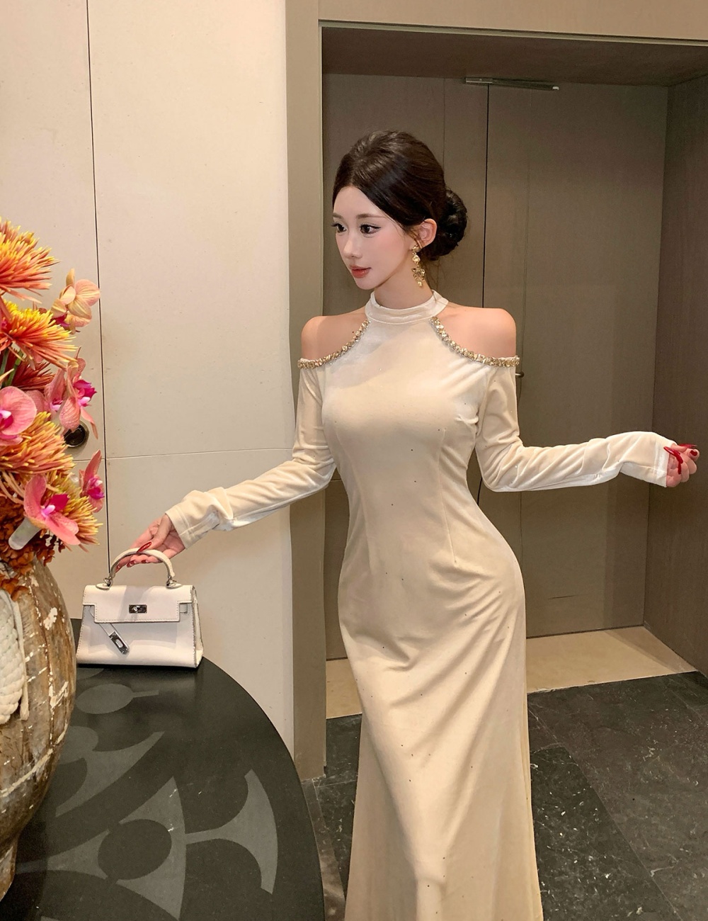 Strapless halter sexy formal dress autumn ladies long dress