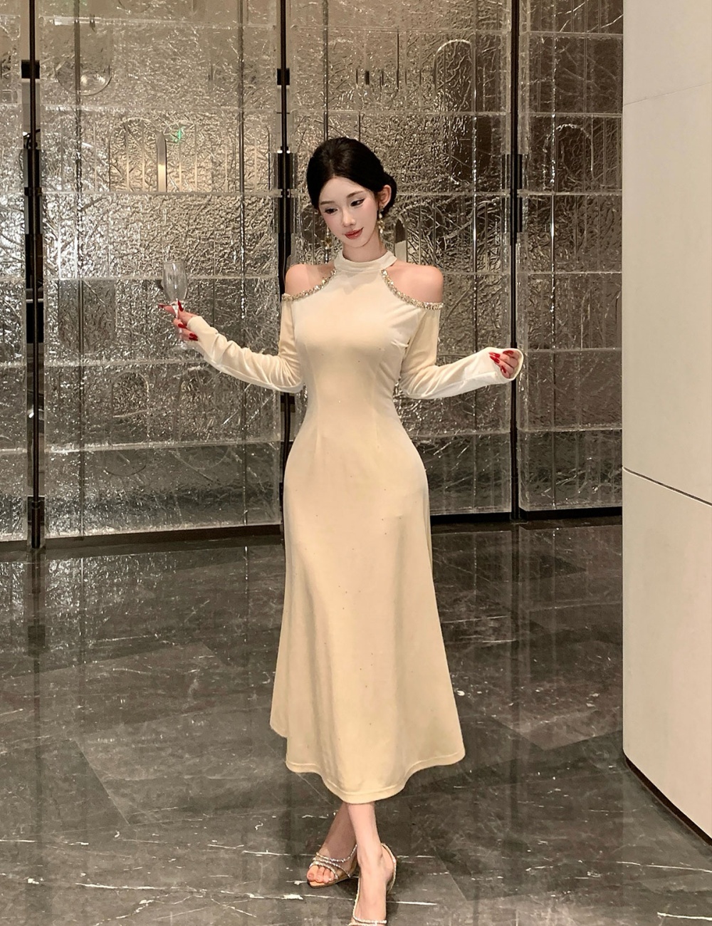 Strapless halter sexy formal dress autumn ladies long dress