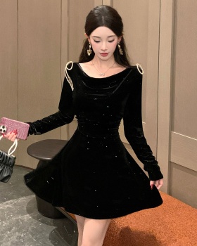 Velvet sequins diamond elasticity pinched waist autumn bow dress