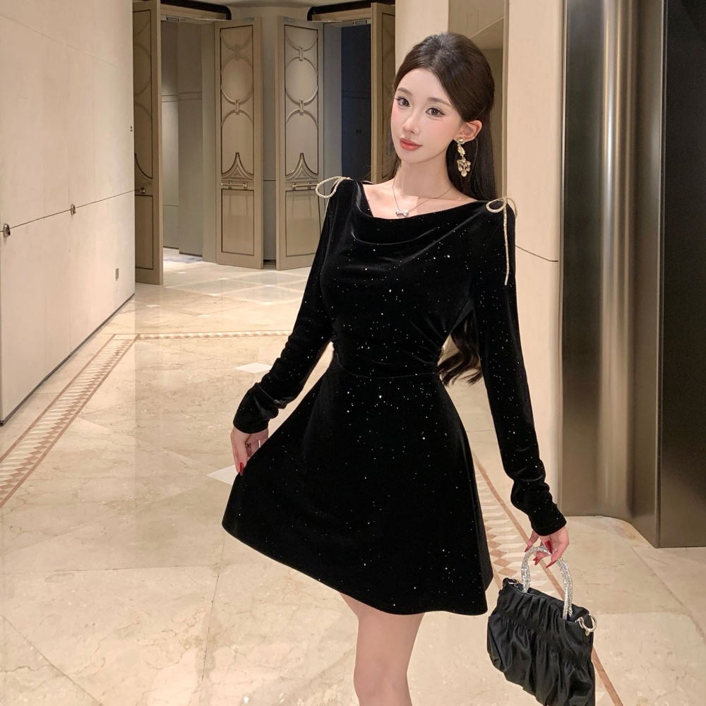 Velvet sequins diamond elasticity pinched waist autumn bow dress