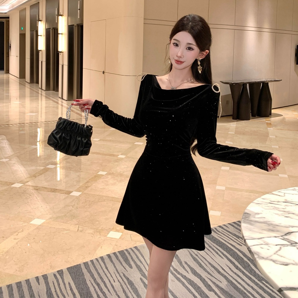 Velvet sequins diamond elasticity pinched waist autumn bow dress
