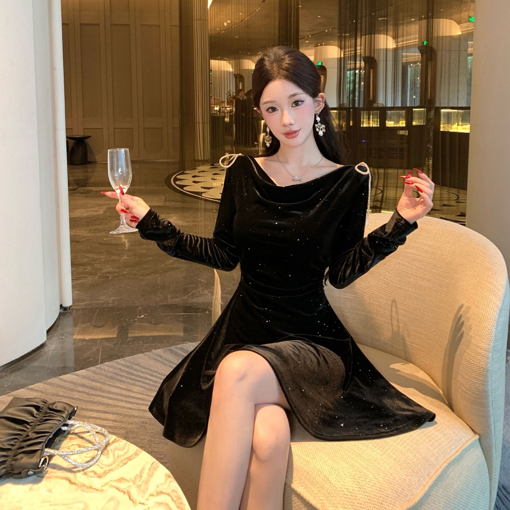 Velvet sequins diamond elasticity pinched waist autumn bow dress