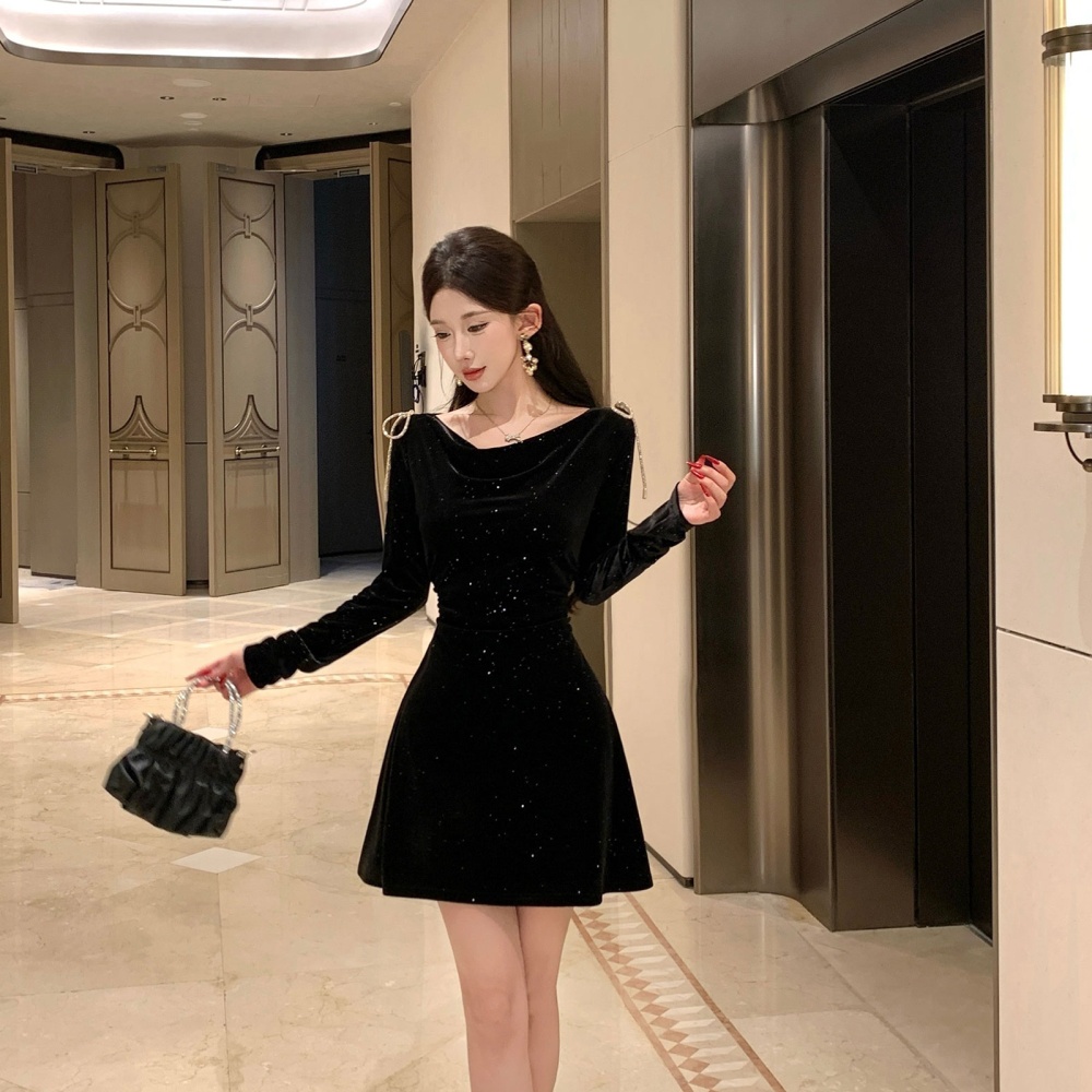 Velvet sequins diamond elasticity pinched waist autumn bow dress