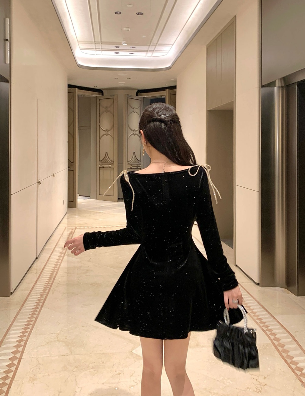 Velvet sequins diamond elasticity pinched waist autumn bow dress