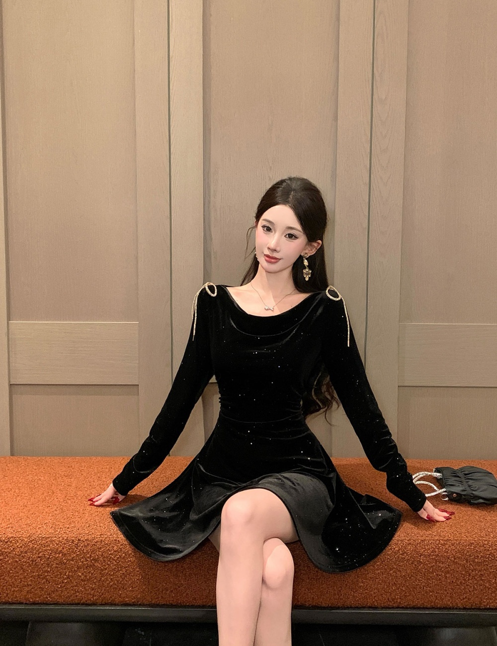 Velvet sequins diamond elasticity pinched waist autumn bow dress
