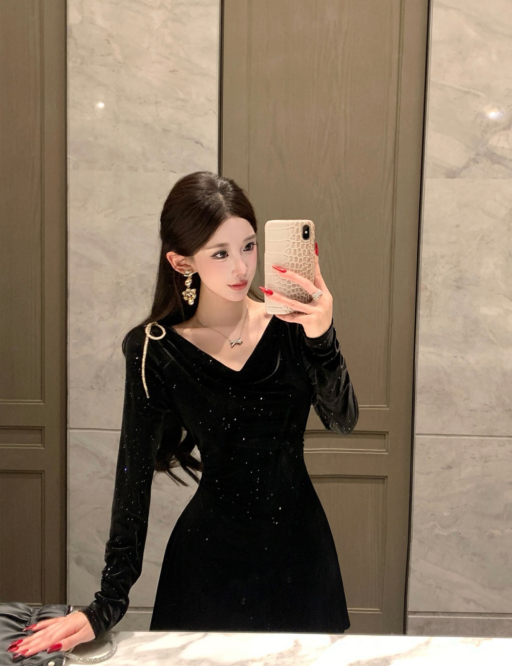 Velvet sequins diamond elasticity pinched waist autumn bow dress