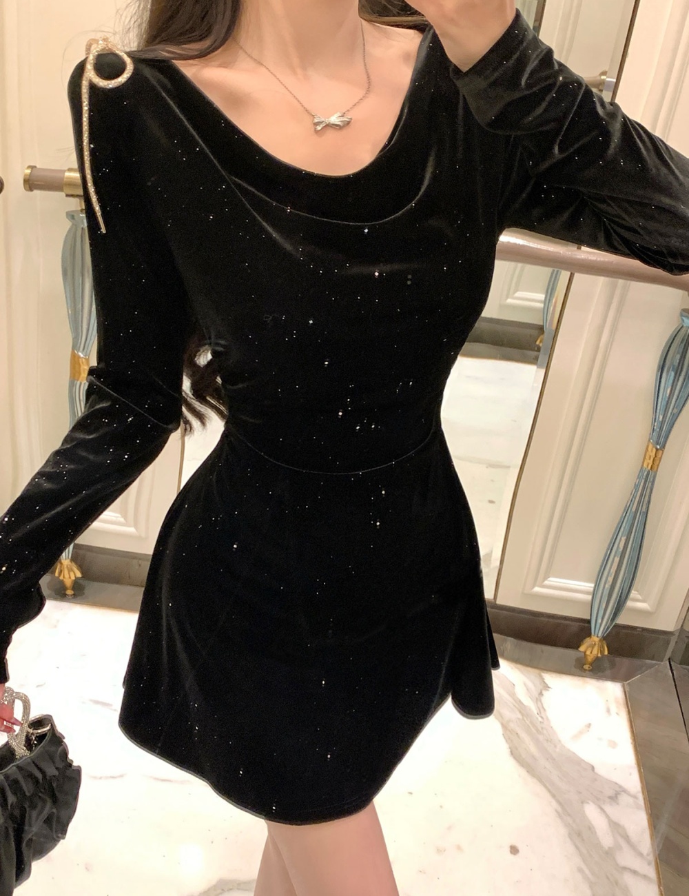 Velvet sequins diamond elasticity pinched waist autumn bow dress
