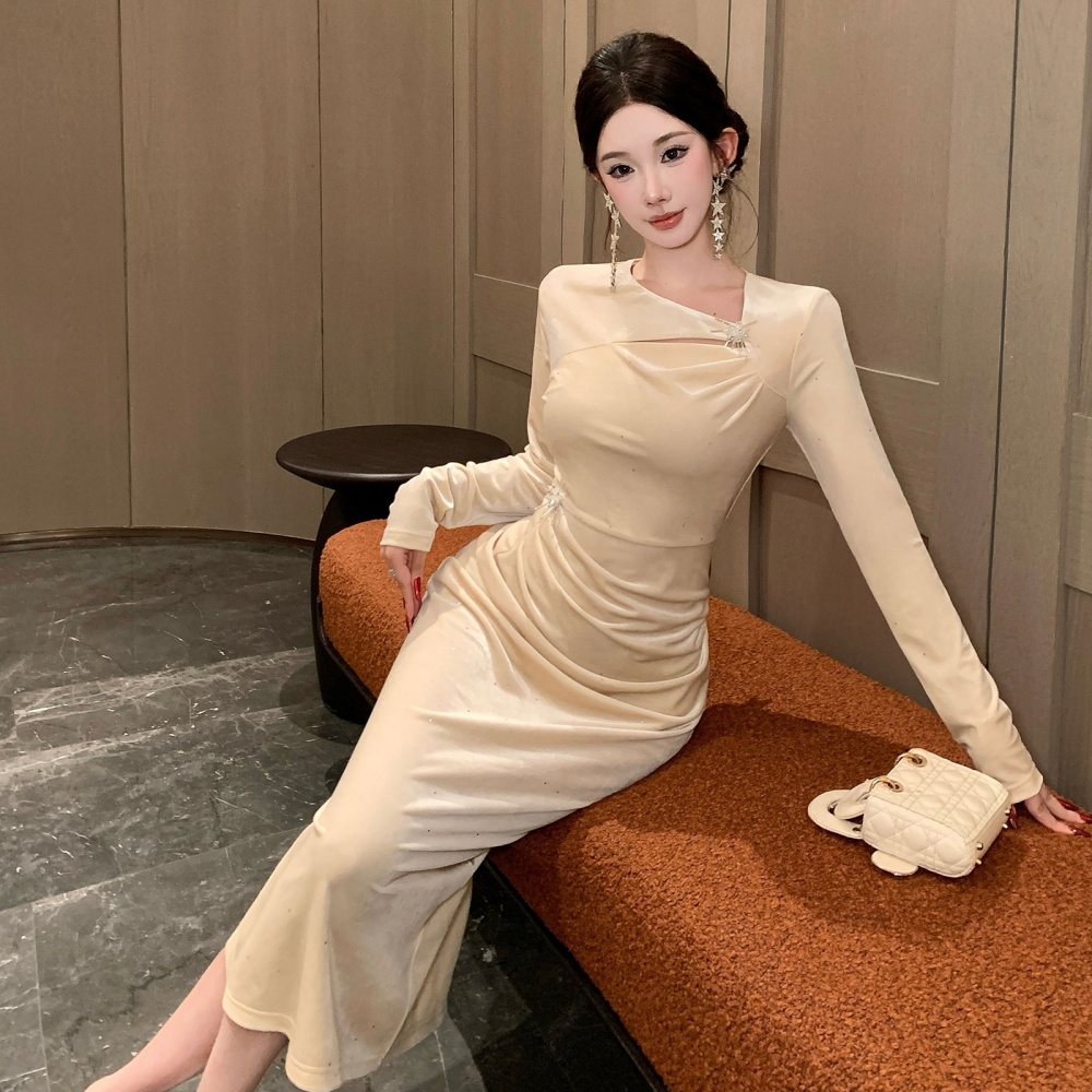 Fold pinched waist dress temperament ladies evening dress