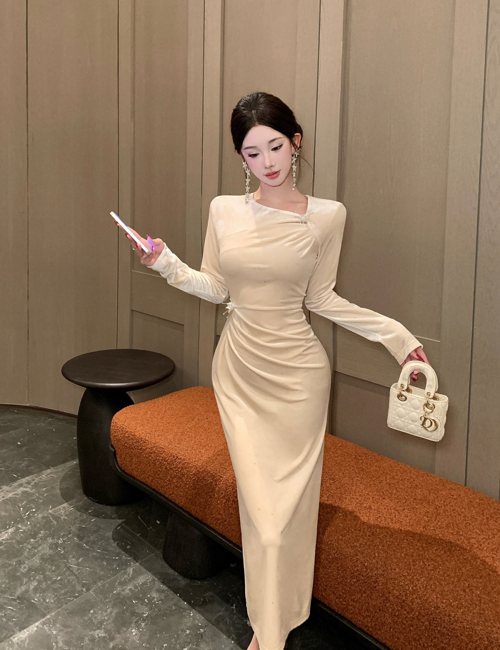 Fold pinched waist dress temperament ladies evening dress