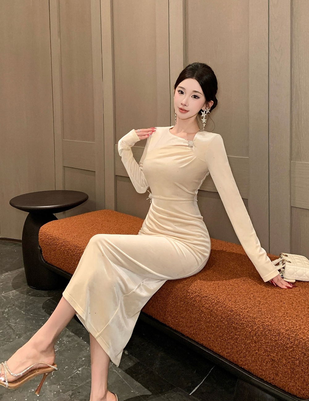 Fold pinched waist dress temperament ladies evening dress