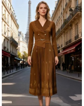 Pleated pinched waist bronzing long dress slim fold dress