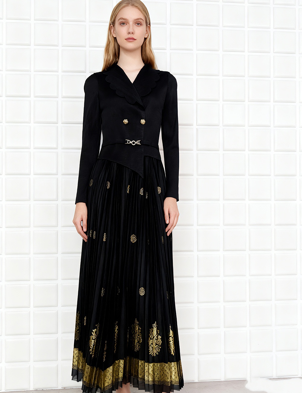 Pleated pinched waist bronzing long dress slim fold dress