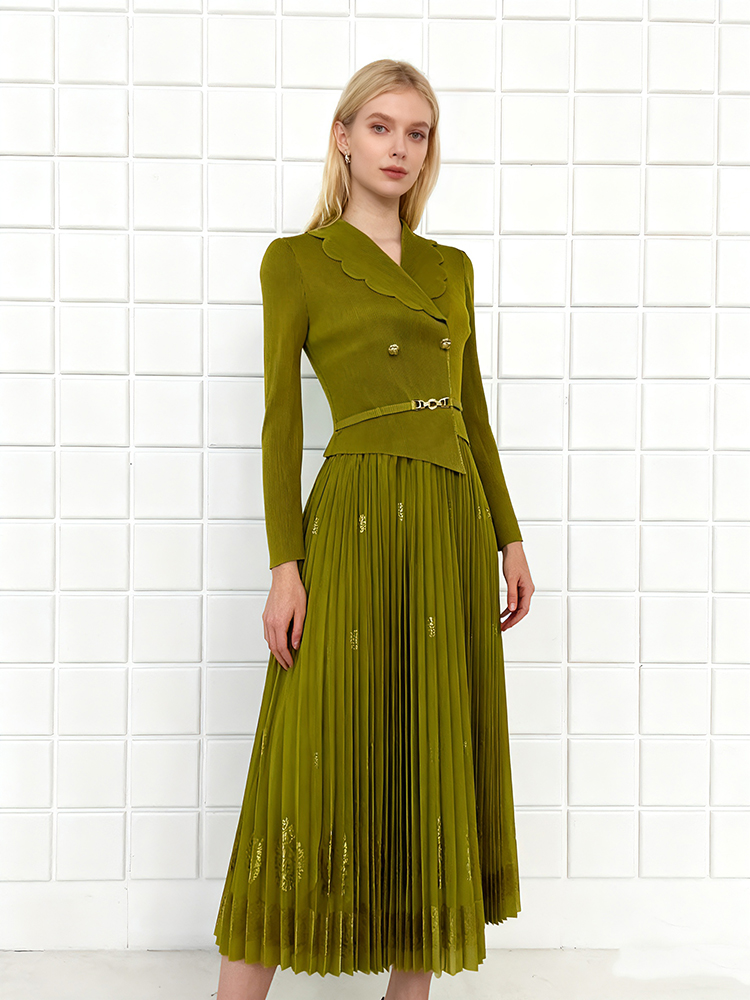 Pleated pinched waist bronzing long dress slim fold dress