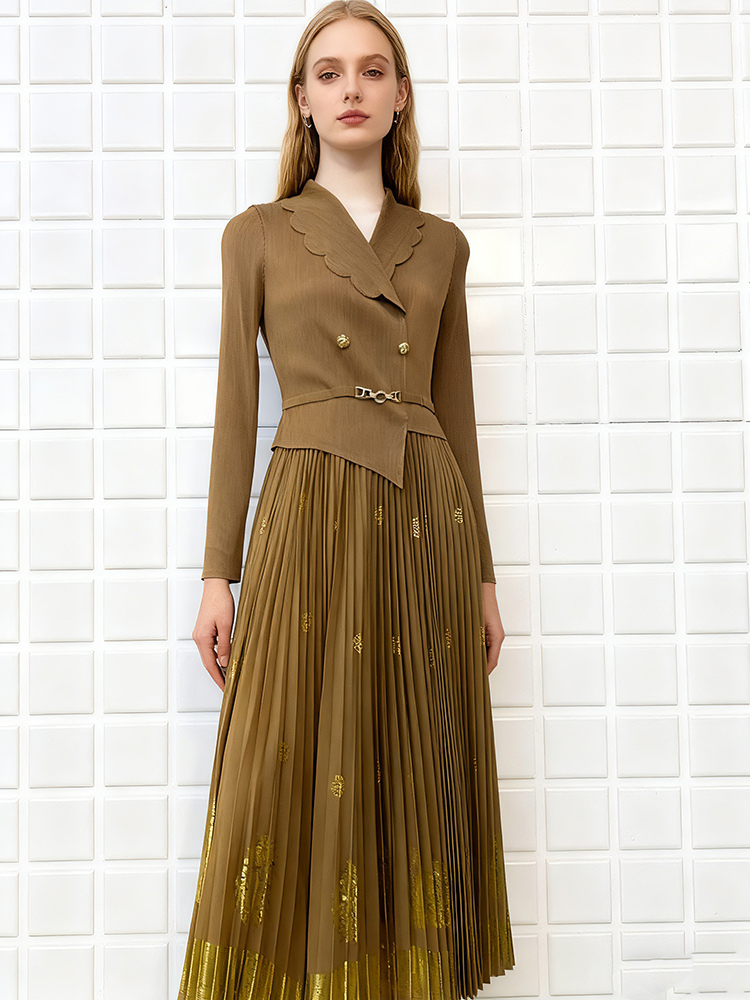 Pleated pinched waist bronzing long dress slim fold dress