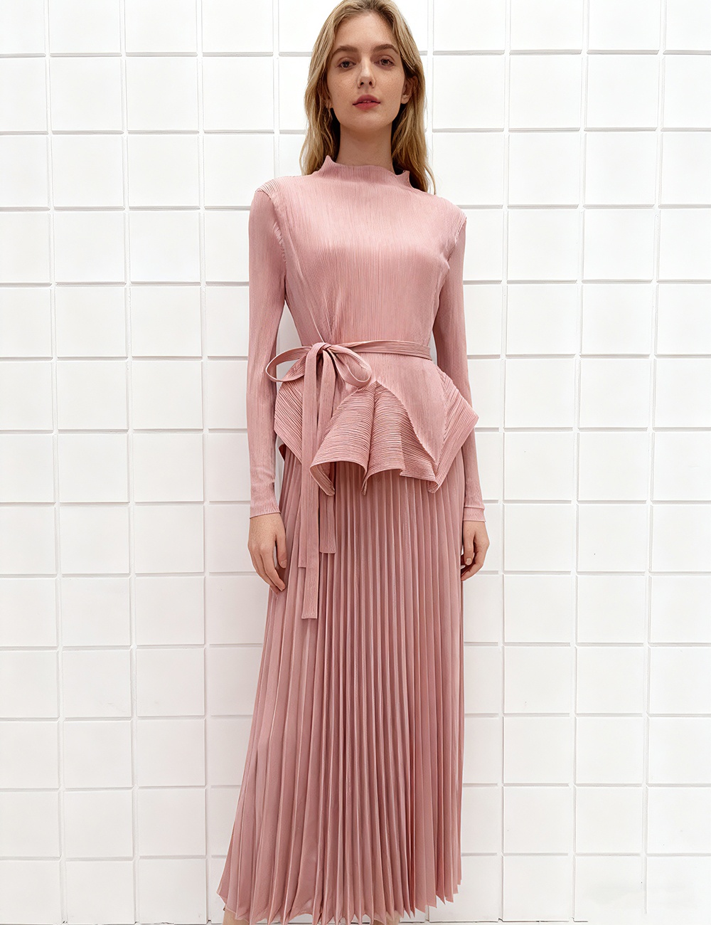 Irregular pleated tops big skirt bandage dress a set