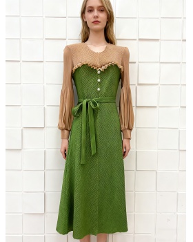 Wood ear mixed colors fold bud sleeve dress for women