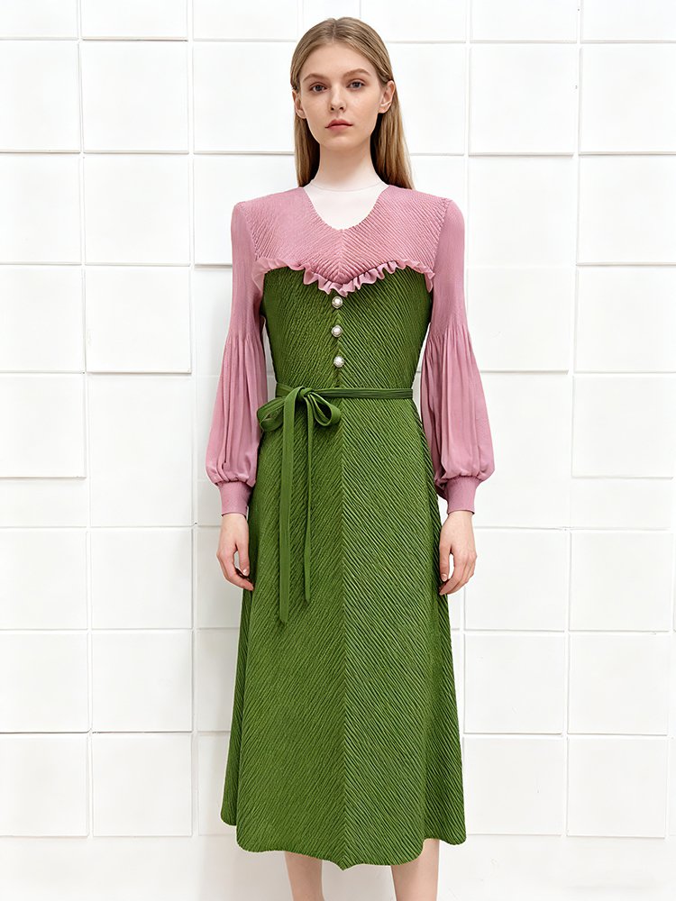 Wood ear mixed colors fold bud sleeve dress for women