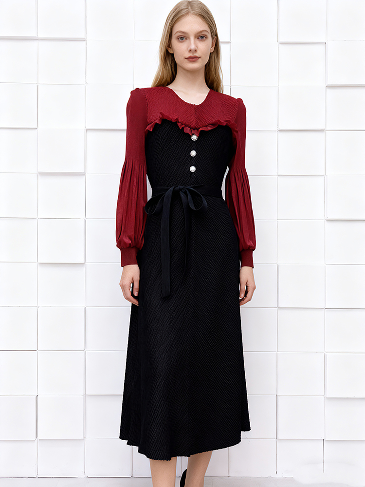 Wood ear mixed colors fold bud sleeve dress for women