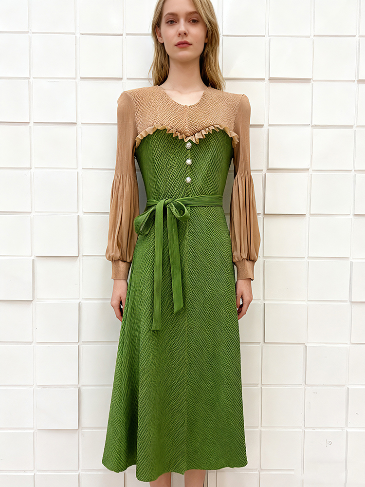 Wood ear mixed colors fold bud sleeve dress for women