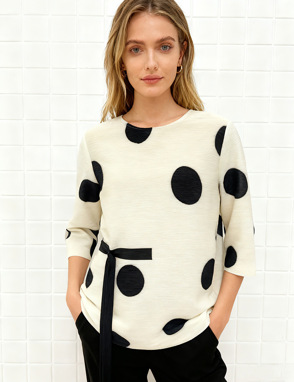 Round neck loose fold printing streamer all-match tops for women