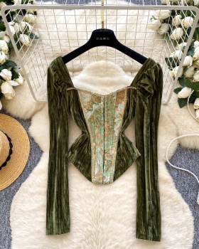 Court style autumn tops retro velvet T-shirt for women