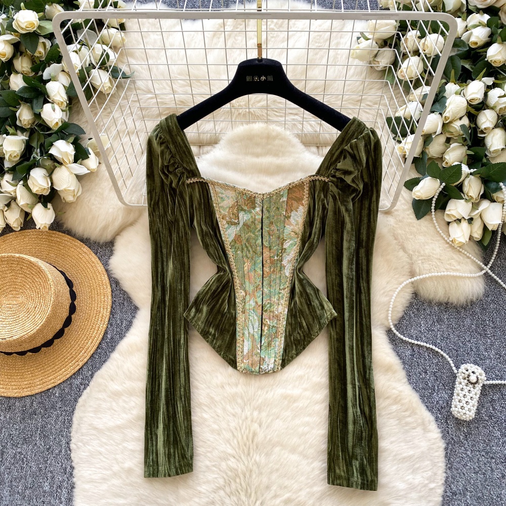 Court style autumn tops retro velvet T-shirt for women