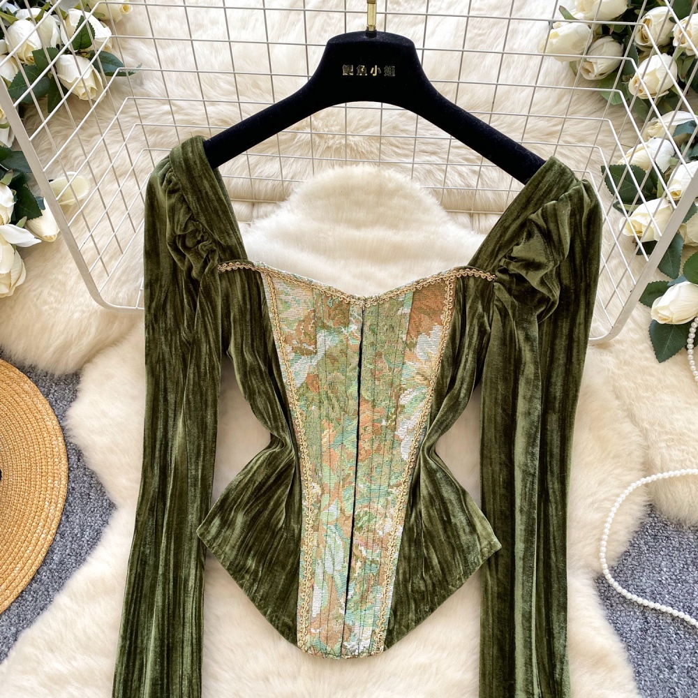 Court style autumn tops retro velvet T-shirt for women