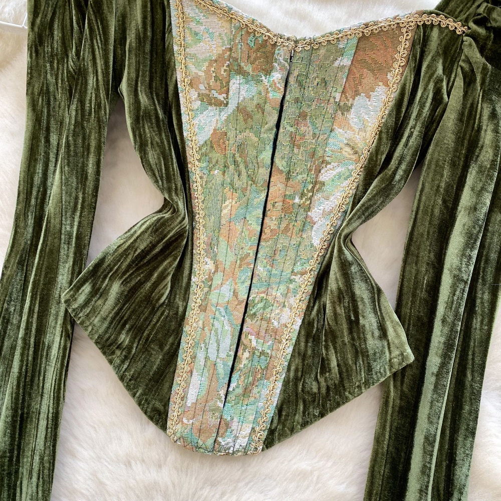 Court style autumn tops retro velvet T-shirt for women