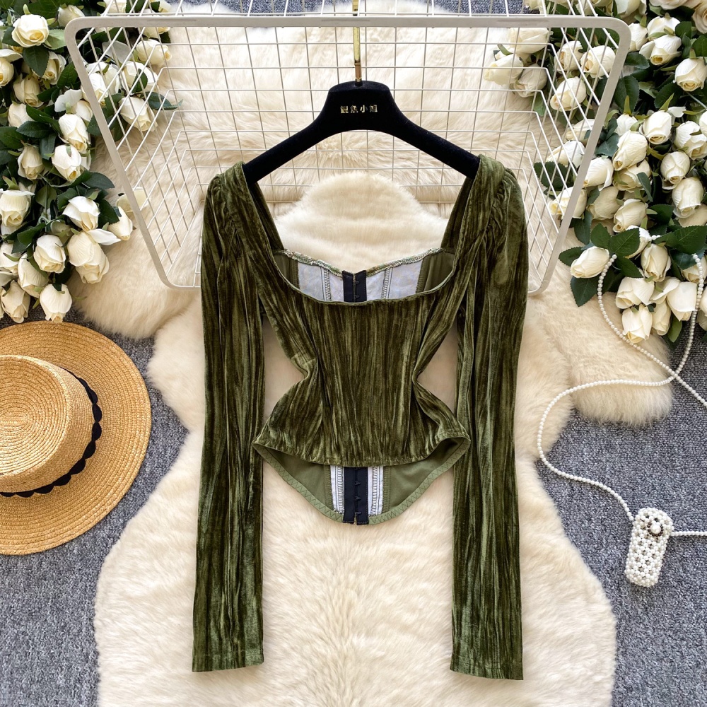 Court style autumn tops retro velvet T-shirt for women