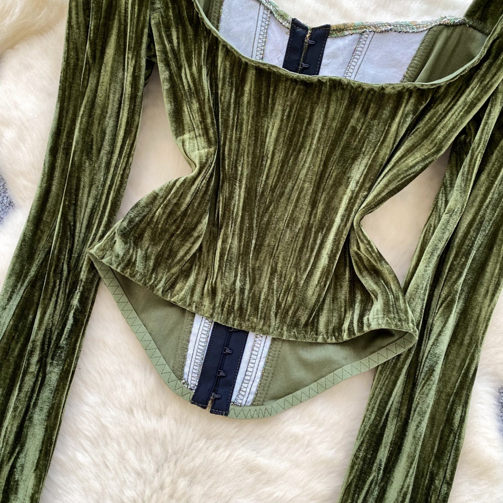 Court style autumn tops retro velvet T-shirt for women