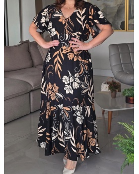 Lotus sleeve pinched waist European style dress for women