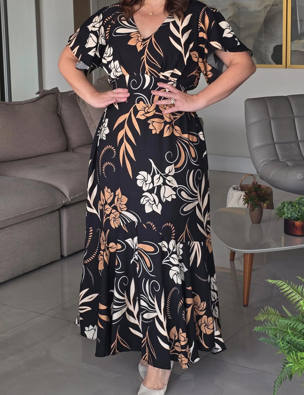 Lotus sleeve pinched waist European style dress for women