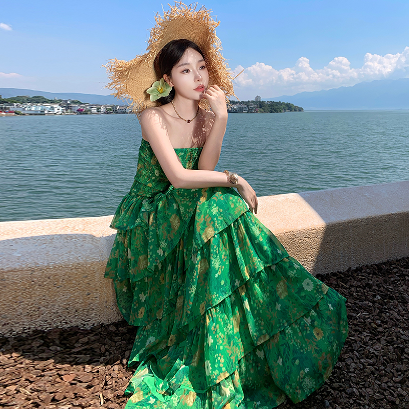 Printing wrapped chest dress cake seaside long dress