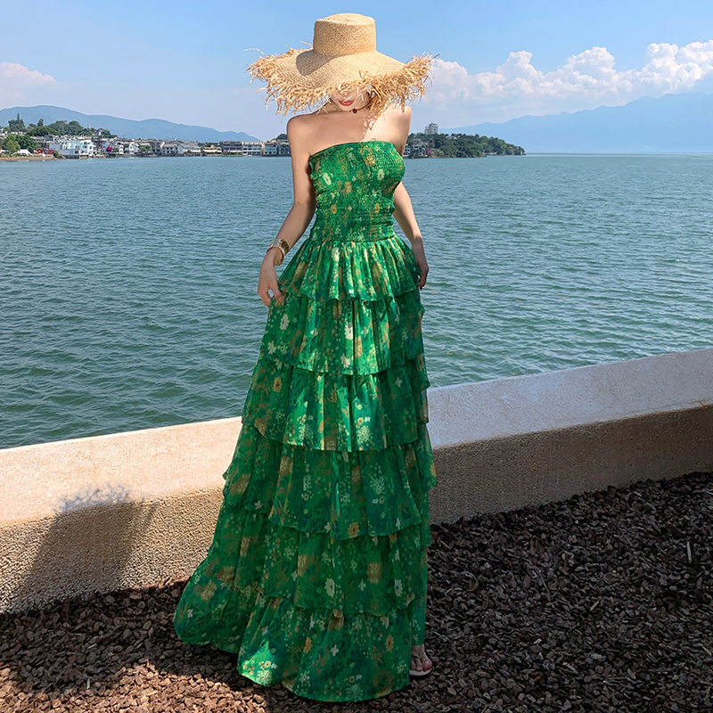 Printing wrapped chest dress cake seaside long dress