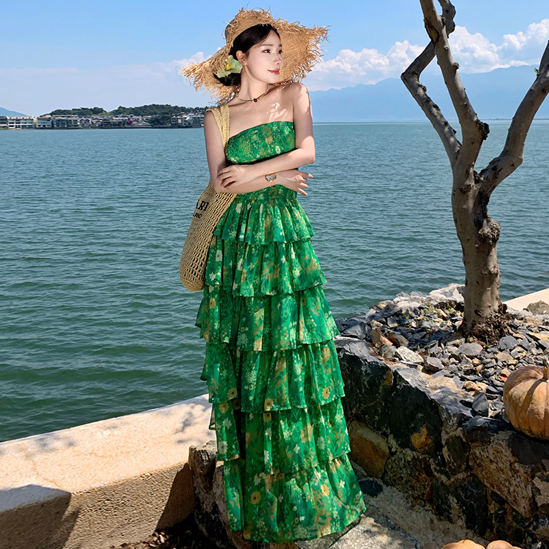 Printing wrapped chest dress cake seaside long dress