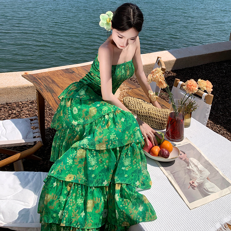 Printing wrapped chest dress cake seaside long dress