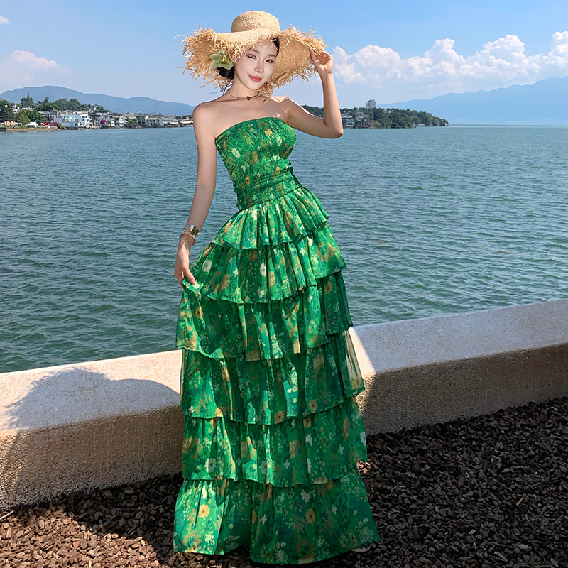 Printing wrapped chest dress cake seaside long dress
