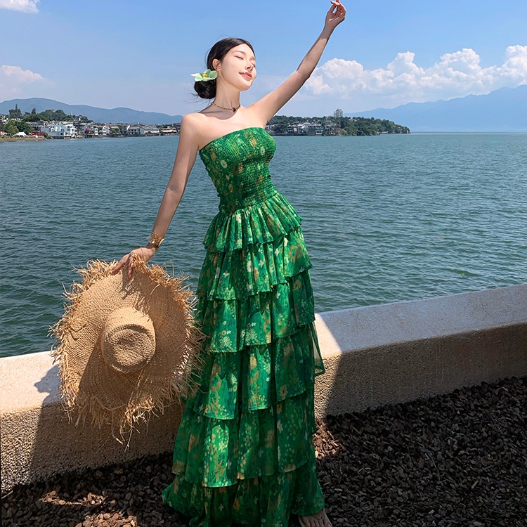 Printing wrapped chest dress cake seaside long dress