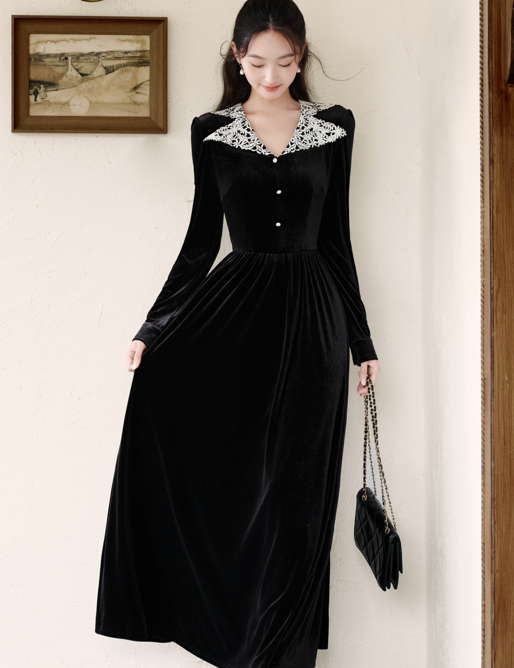 Velvet tender dress elegant temperament long dress