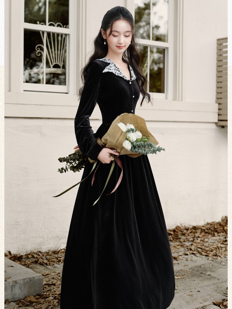 Velvet tender dress elegant temperament long dress