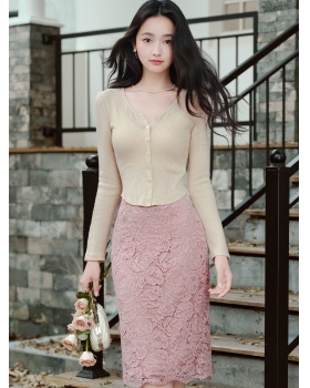 Knitted cozy tops all-match lace cardigan a set