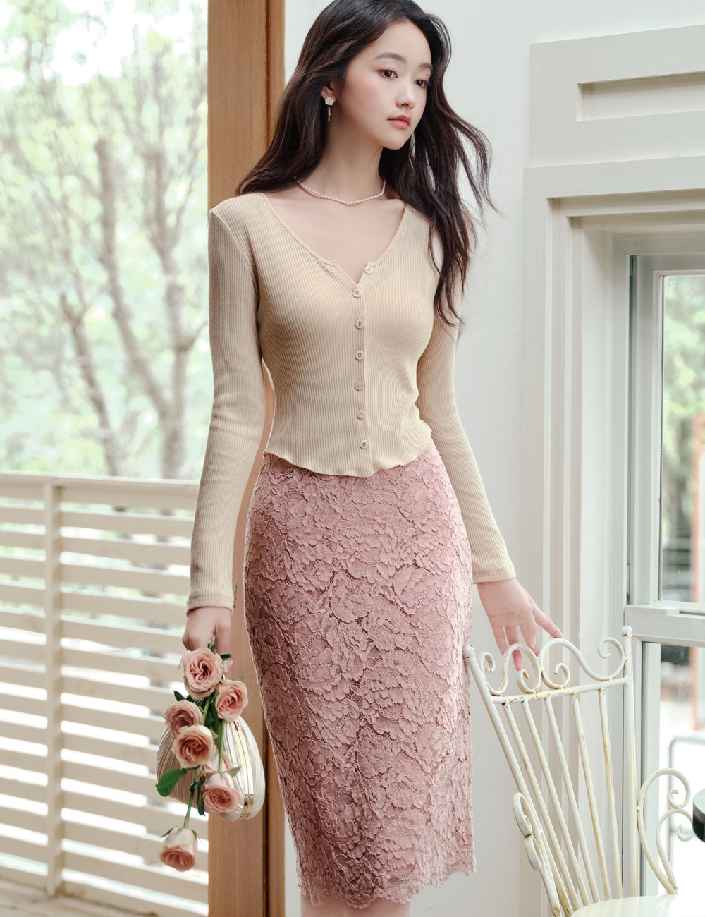 Knitted cozy tops all-match lace cardigan a set