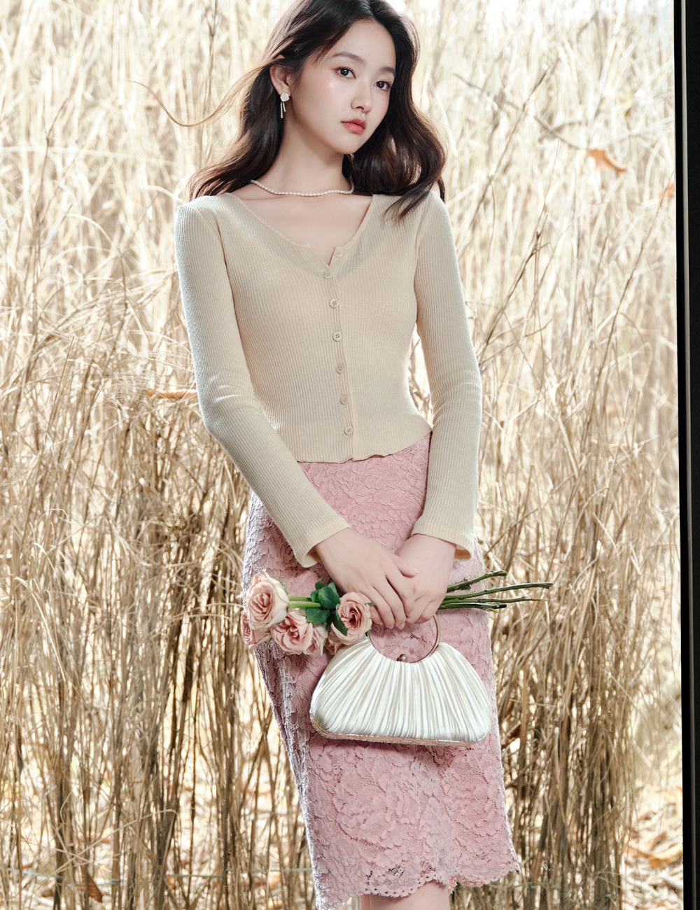 Knitted cozy tops all-match lace cardigan a set