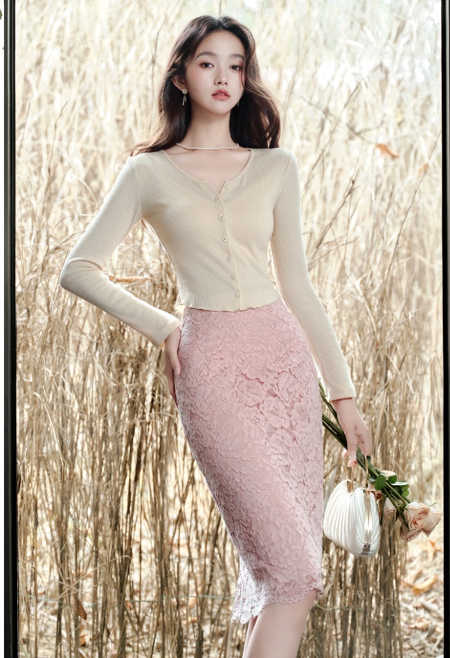 Knitted cozy tops all-match lace cardigan a set