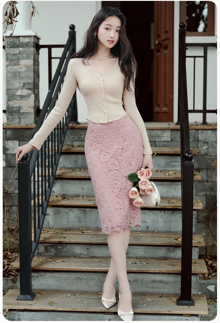 Knitted cozy tops all-match lace cardigan a set